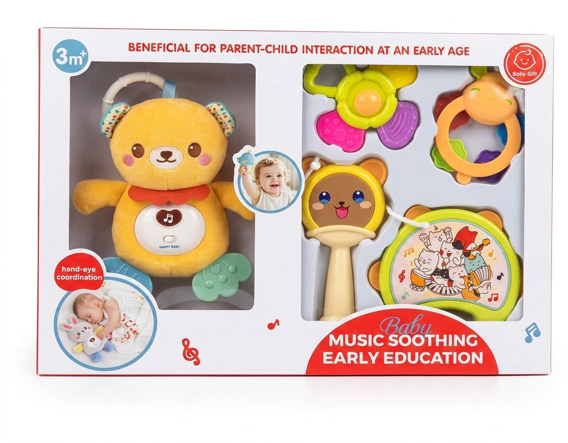 Interactive Plush Bear Musical Rattle & Teether Toy Set